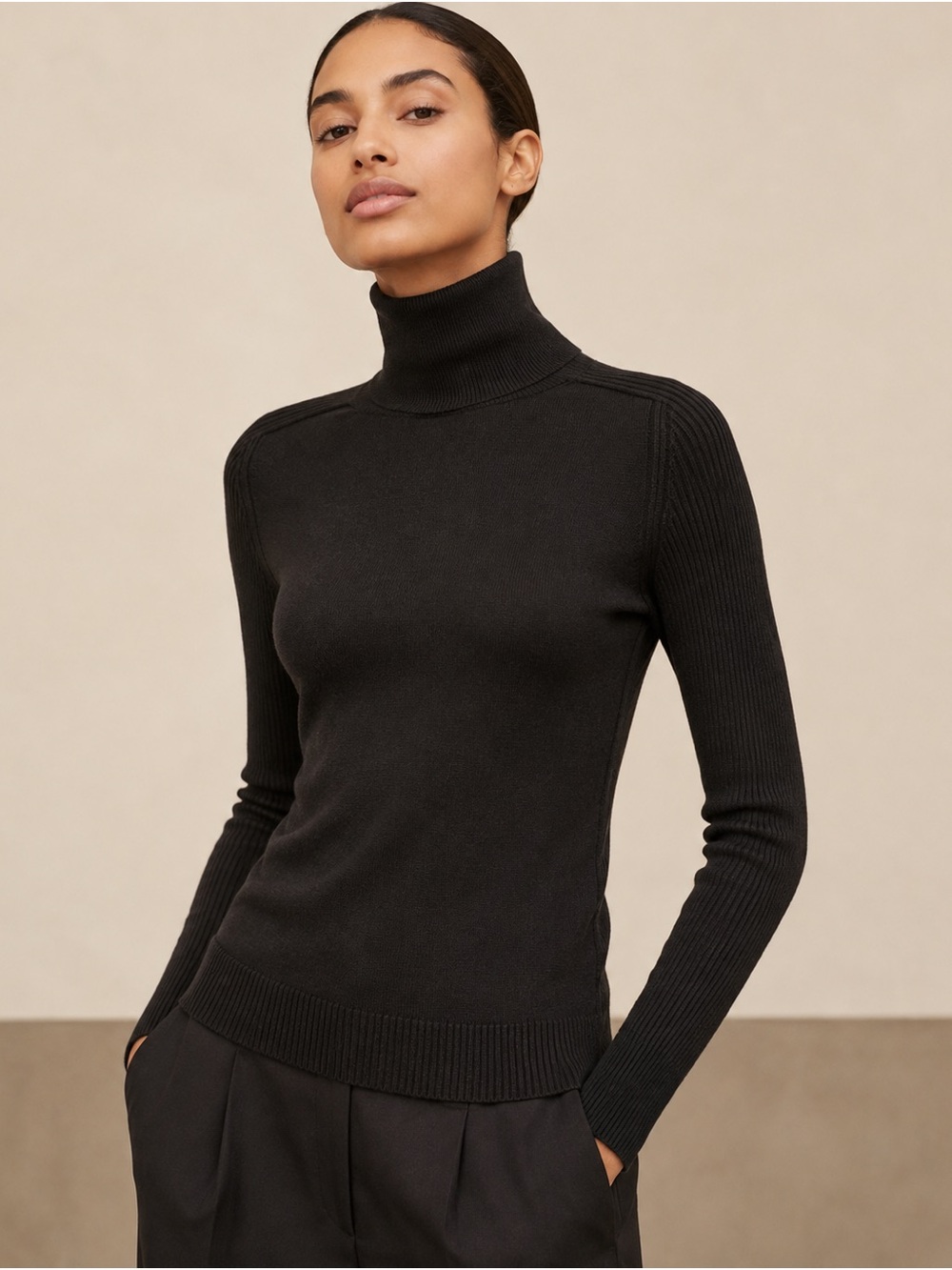 Comptoir des Cotonniers 100% Wool Black Turtleneck Sweater M Stretch Slim
